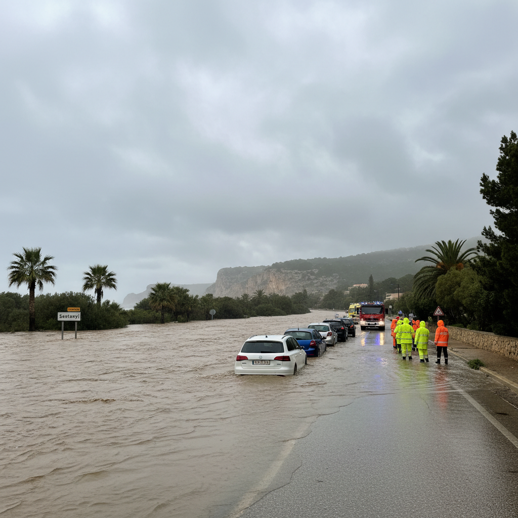 Översvämningar efter kraftigt oväder i södra Mallorca – vägar avstängda vid Santanyí