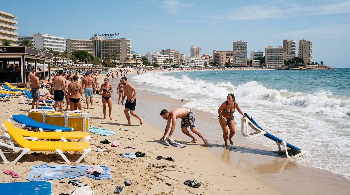 Strandkaos i Magaluf när jättevåg överraskar badgäster