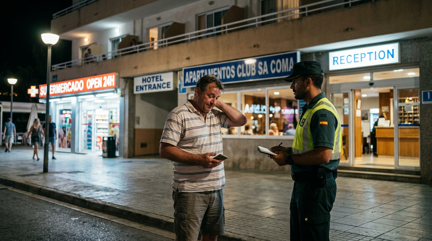 Turist mitt i natten hos hotellgäster i Sa Coma